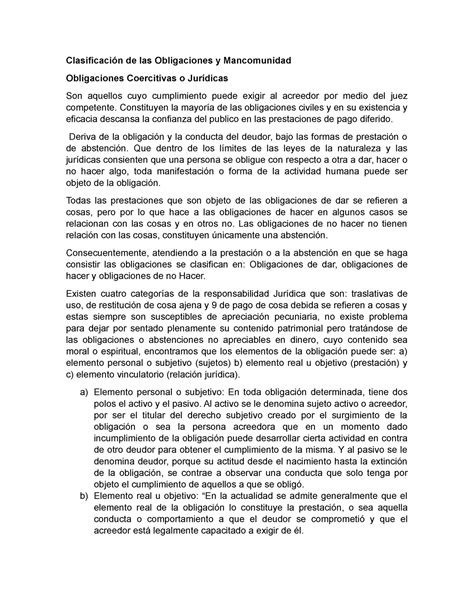 Clasificación De Las Obligaciones Y Mancomunidad Coercitivas O Juridicas Clasificación De Las