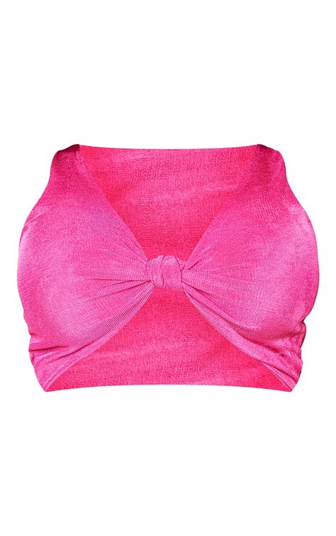 Shape Hot Pink Acetate Slinky Knot Front Crop Top Prettylittlething Aus