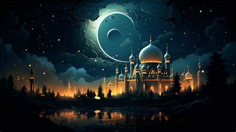 Premium Photo Illustration Of Mosque At Night With Full Moon And