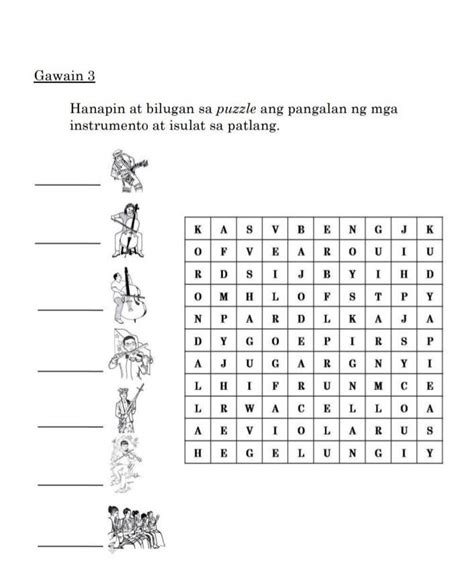 Hanapin At Bilugan Sa Puzzle Ang Pangalan Ng Mga Instrumento At Isulat