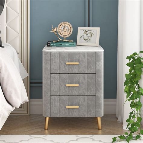 Modern Nightstand Gray Velvet Bedside Table 3 Drawers With Sintered