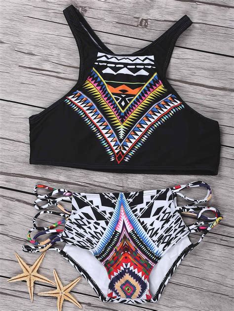 Off Geometrical Print Racerback Stringy Bikini Set Rosegal