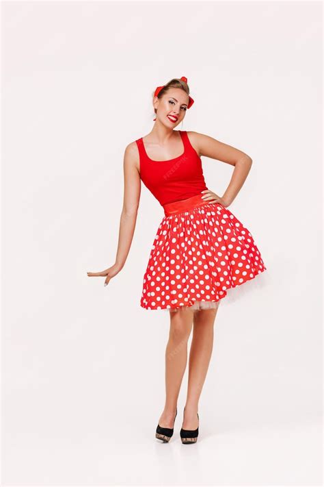 Premium Photo Smiling Pin Up Woman In Polka Dot Red Dress