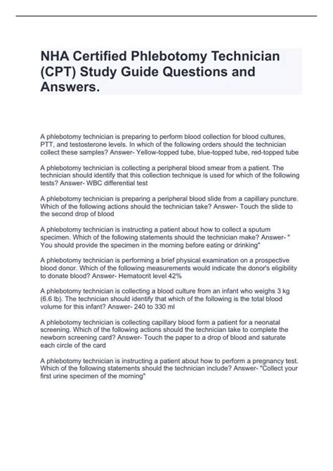 Nha Certified Phlebotomy Technician Cpt Study Guide Questions And