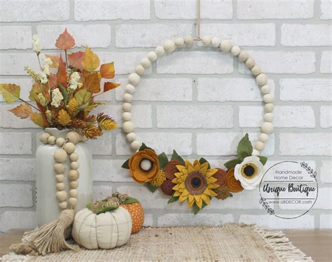 Wood Bead Hoop Wreath Wreath For Front Door Sunflower Felt Etsy