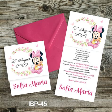 Invitatii Botez Cu Plic Patrat Fucsia Minnie Mouse IBP 45