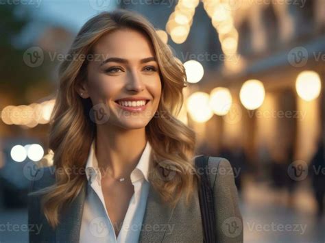 Young Happy Smiling Business Woman Standing Outdoor On Street Ai