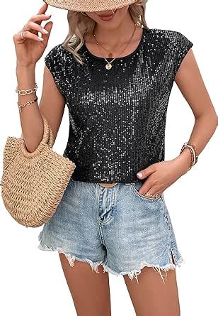 Sweatyrocks Women S Round Neck Glitter Sequins Shirts Top Casual Cap