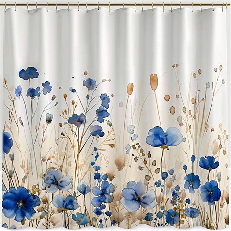 Chic Watercolor Floral Shower Curtain Blue Wildflowers And Beige Grass