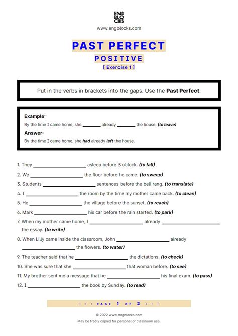 Past Perfect Positive Worksheet English Grammar Worksheets Library