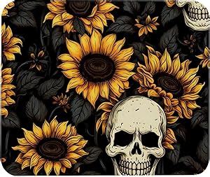 Square Mouse Pad Skull With Sunflowers Aesthetic Pattern 13 Washable