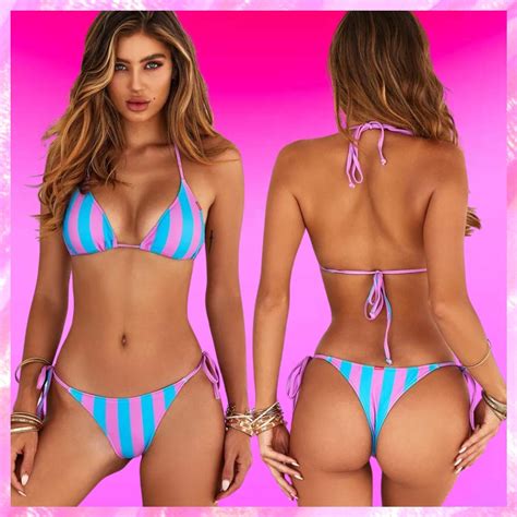 Elle Striped 2 Piece Bikini Set Pink Blue Beach Babe Bikini