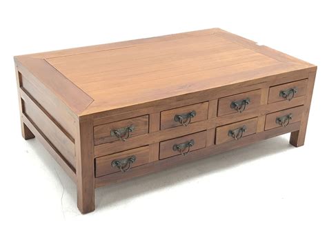 Large Hardwood Multi Drawer Coffee Table Fitted With Eight Drawers