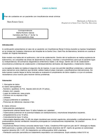 Caso Cl Nico Plan De Cuidados En Una Paciente Con Insuficiencia Renal