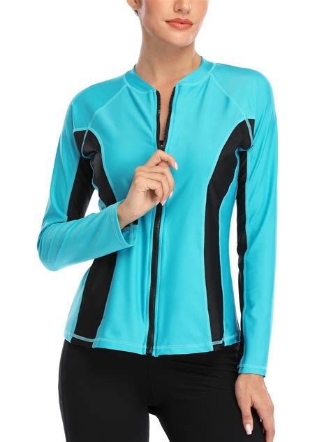 Attraco Women Long Sleeve Zipper Rash Guard Color Block Swimwear Upf 50