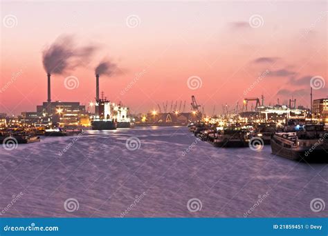 Sunset In The Harbor From Rotterdam Netherlands Stock Image Image Of