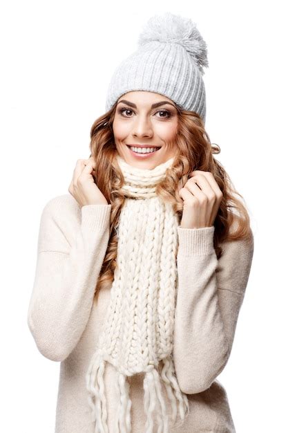 Premium Photo Beautiful Young Woman In Knitted Wool Sweater Smiling