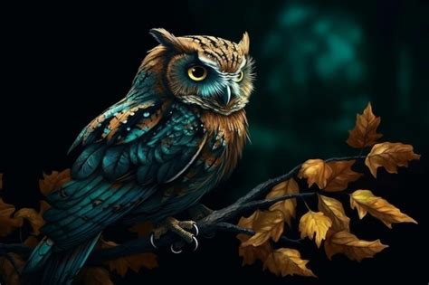 Premium AI Image | A painting of an owl on a branch with autumn leaves.