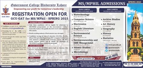 Gcu Lahore Issued M Phil Ms Gat Registration Schedule For Session