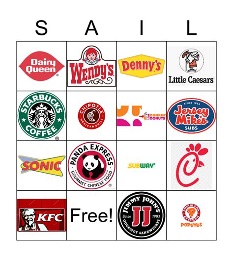 Fast Food Restaurant Logos Bingo Card