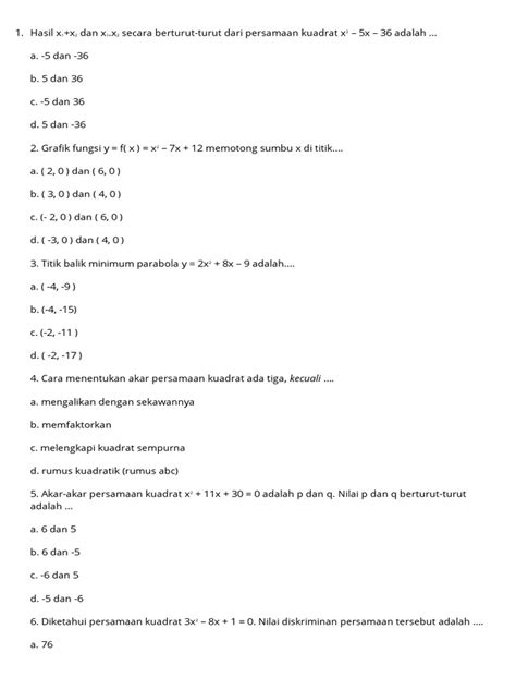 Soal Persamaan Kuadrat Pdf