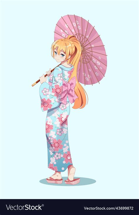 Anime Manga Girls In Kimono Holding Paper Umbrella