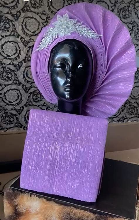 Autogele Aso Oke Pre Tied Headwrap Lilac African Headwrap Lilac Aso