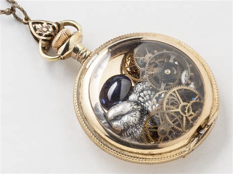 Steampunk Necklace K Gold Filled Pocket Watch Movement Case Gears