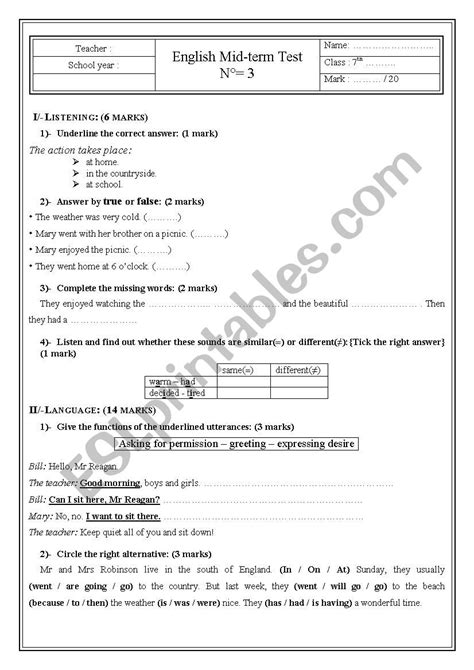 Th Form Mid Term Test N Esl Worksheet By Sanasou