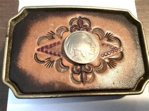 Vintage Western Bts Brass Belt Buckle Tooled Leather Gem