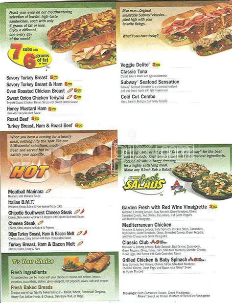 Menu Of Subway Sandwiches And Salads In San Francisco Ca 94109