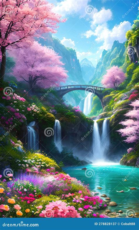 Paradise Land With Beautiful Gardens Waterfalls And Flowers Magical