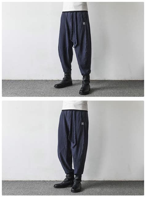 Men Trousers Japanese Samurai Style Boho Casual Low Drop Crotch Loose Fit Harem Baggy Hakama