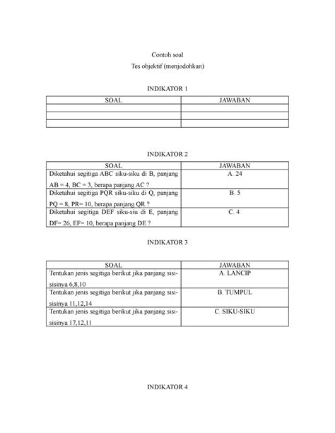 SOAL Menjodohkan Contoh Soal Tes Objektif Menjodohkan INDIKATOR 1