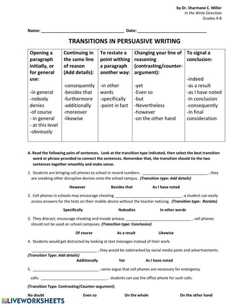 Transitional Words And Phrases Worksheet Live Worksheets Worksheets