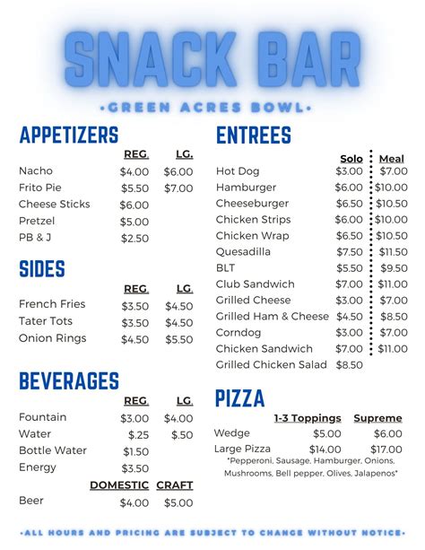 Snack Bar Menu Green Acres Bowl