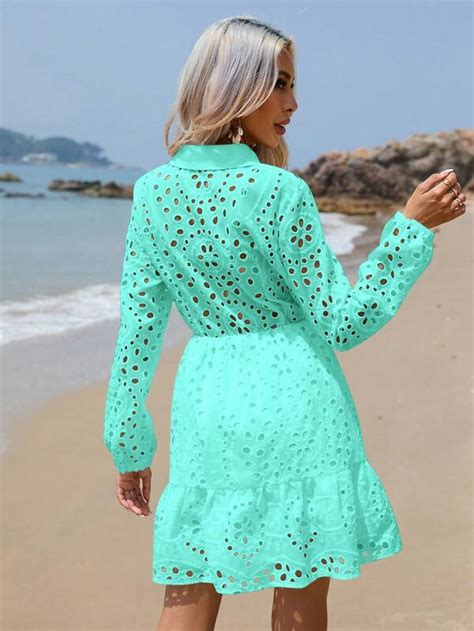 Shein Vcay Eyelet Embroidery Ruffle Hem Shirt Dress Shein Usa