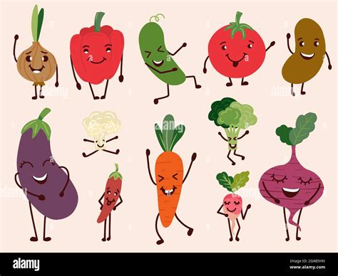 Cheerful Vegetable Characters Set Of Happy And Funny Vegetables