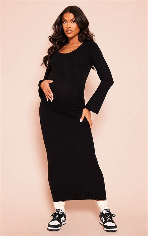 Maternity Black Knitted Scoop Neck Midaxi Dress Maternity