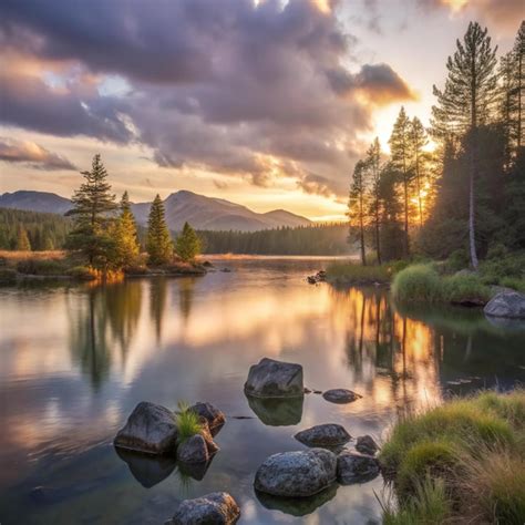 A Lake With Rocks And Trees In The Foreground And A Mountain In The