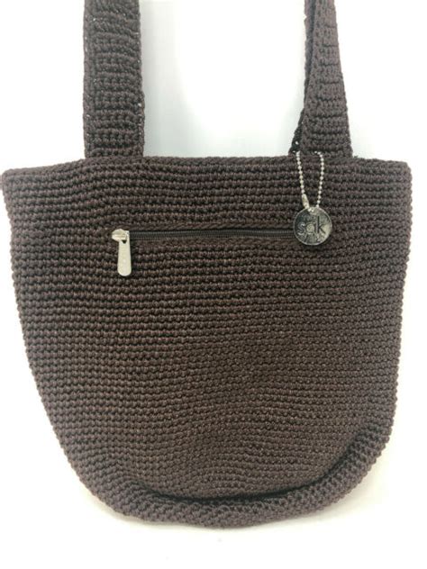 The Sak Brown Crochet Handbag Shoulder Bag Boho Style Purse Zipper