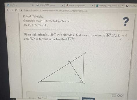 Given Right Triangle A B C With Altitude Cameramath