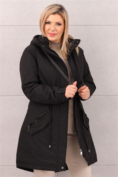 Jesienna Parka Damska Czarna Z Kapturem Plus Size Femimoda Pl