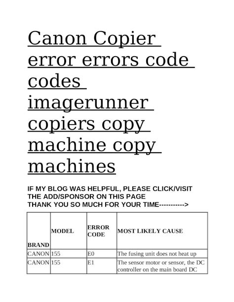 DOCX Canon Copier Error Errors Code Codes Imagerunner Copiers Copy