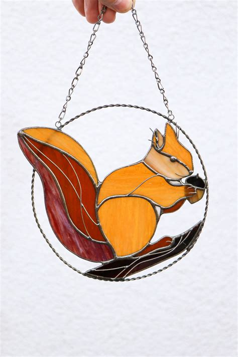 Squirrel Suncatcher Stained Glass Wall Window Hangings Sun Catcher