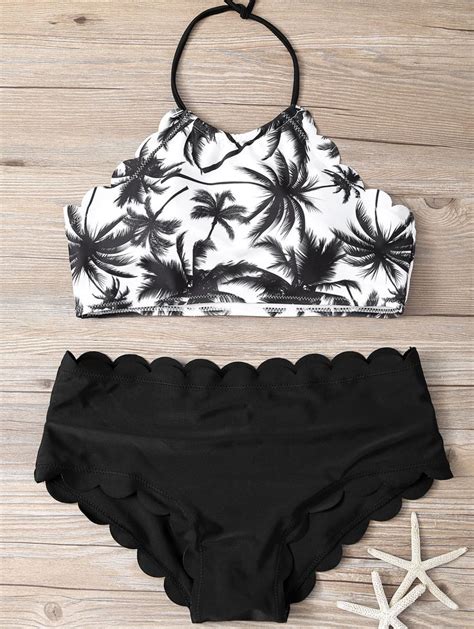 Coconut Palm Halter Scalloped Bikini Black Bikinis Zaful Scalloped