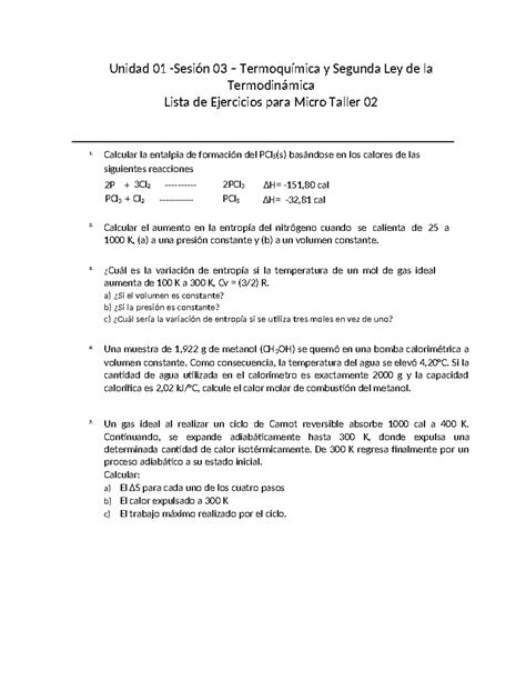 Microtaller 02 Unidad 01 Sesión 03 Termoquímica Y Segunda Ley De La Termodinámica Lista De