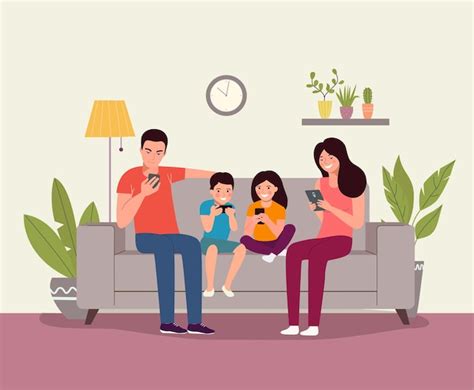 Madre Y Padre Con Hijos Sentados En El Sof Con Smartphones