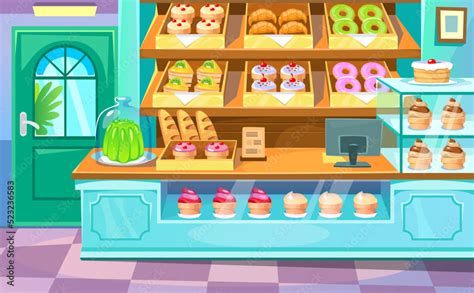 Empty Bakery Shop With Donuts Cakes Croissants Bread And Sweets On A