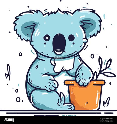 Cute Cartoon Koala Sitting On The Floor And Holding A Flower Pot